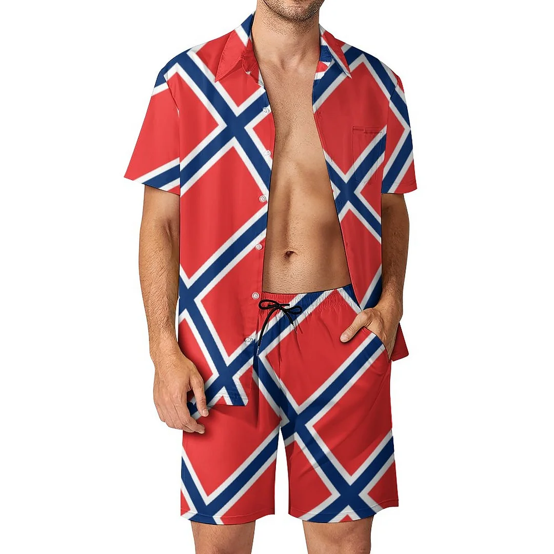 Norway Flag Norwegian Patriotic Men Hawaiian 2 Piece Outfit Vintage Button Down Beach Shirt Shorts Set Tracksuit with Pockets