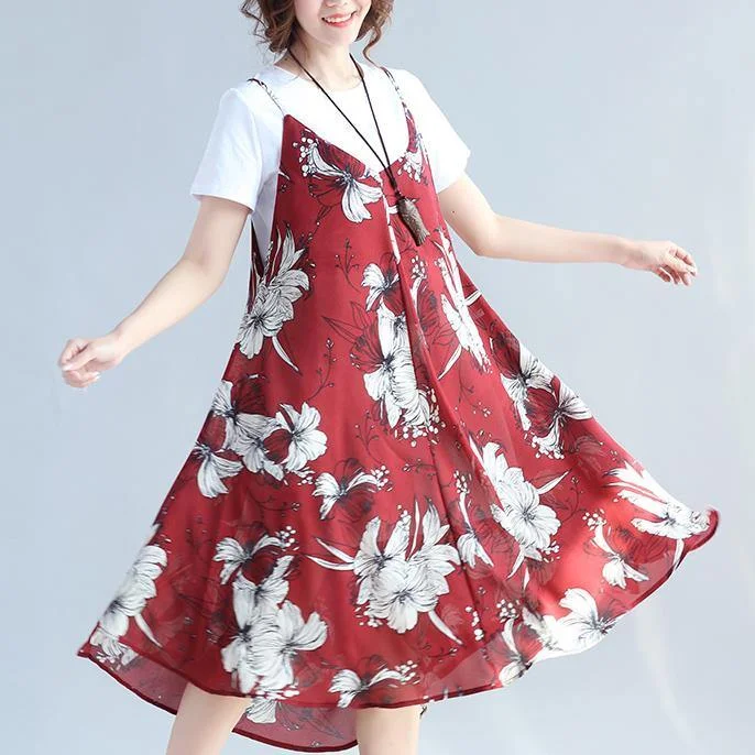 2018 red prints chiffon sleeveless dresses oversize with cotton t shirt two pieces