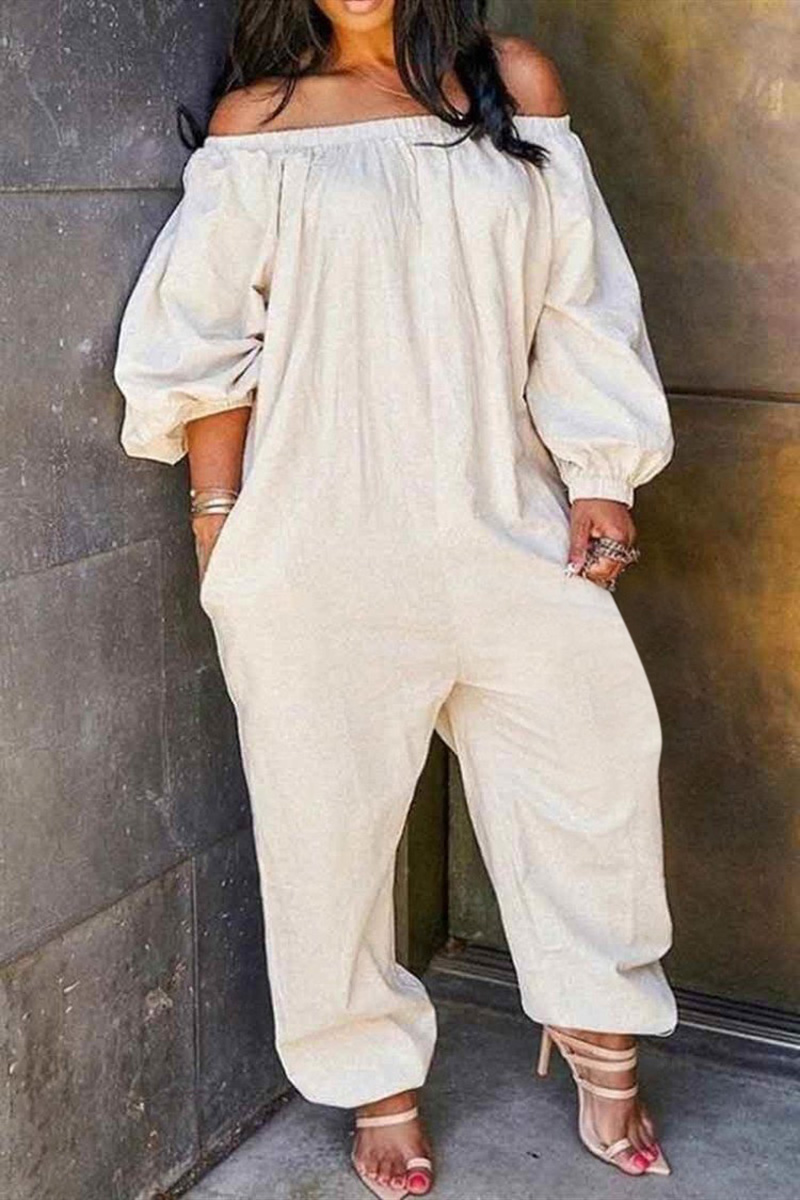 Plus Size Solid White Basic Off the Shoulder With Pockets Jumpsuits