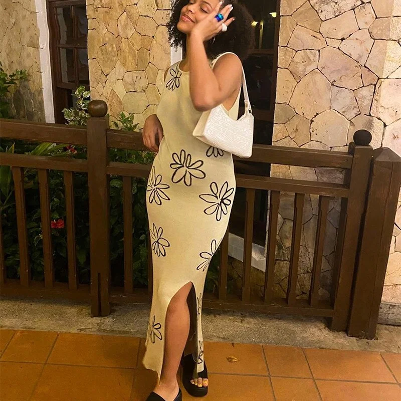 HEYounGIRL Floral Print Backless Sexy Knitted Dress Split Side Party Bodycon Long Dress Robe Vintage Skinny Fashion Streetwear