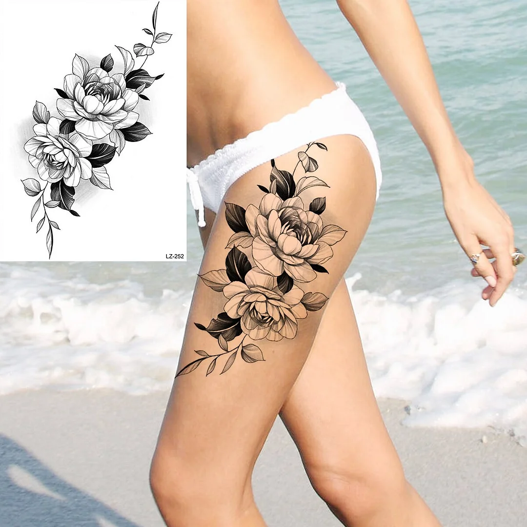 Sdrawing Rose Flower Moon Temporary Tattoos For Women Adult Pendant Peony Lotus Fake Tattoo Calf Thigh Body Art Waterproof Tatoos
