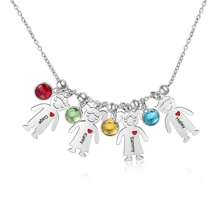 Mother Necklace with 4 Birthstones and Engraved Children Charms