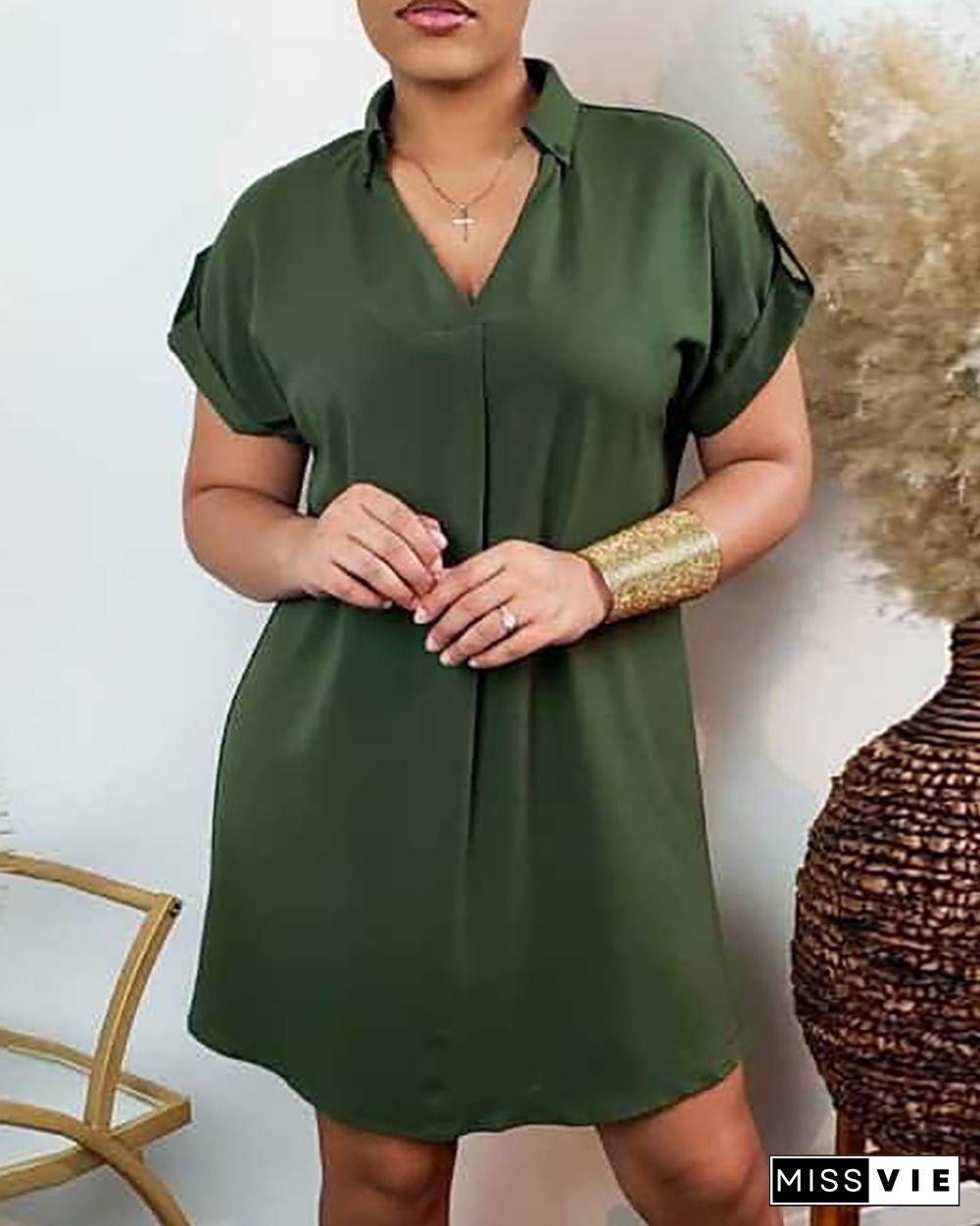 Plain Short Sleeve Casual Shirt Dress