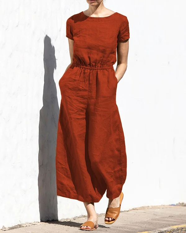 Casual Loose Temperament Solid Color Linen Short-sleeved Jumpsuit