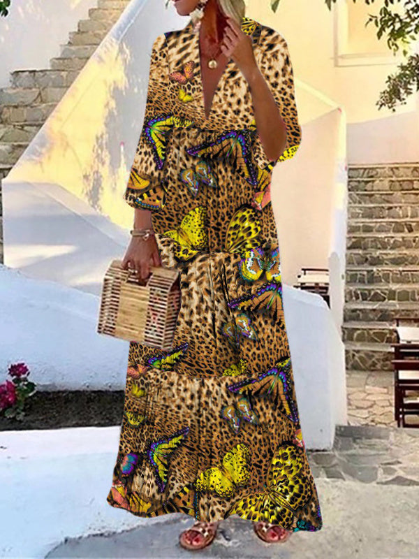 Women's Long Sleeve V-neck Floral Printed Maxi Dress