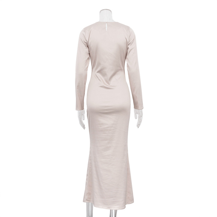 Ootddress Hollow Out Satin Fashion Maxi Dress Female High Waist Slim Scoop Neck Long Sleeve Dress Solid Zipper Party Dress Summer
