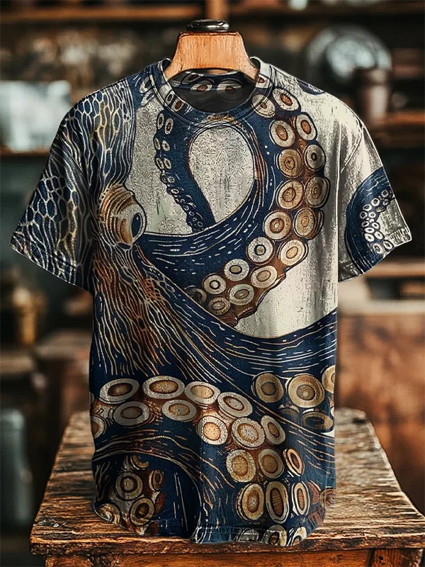 Men's Vintage Octopus Cthulhu Art Print Casual T-Shirt
