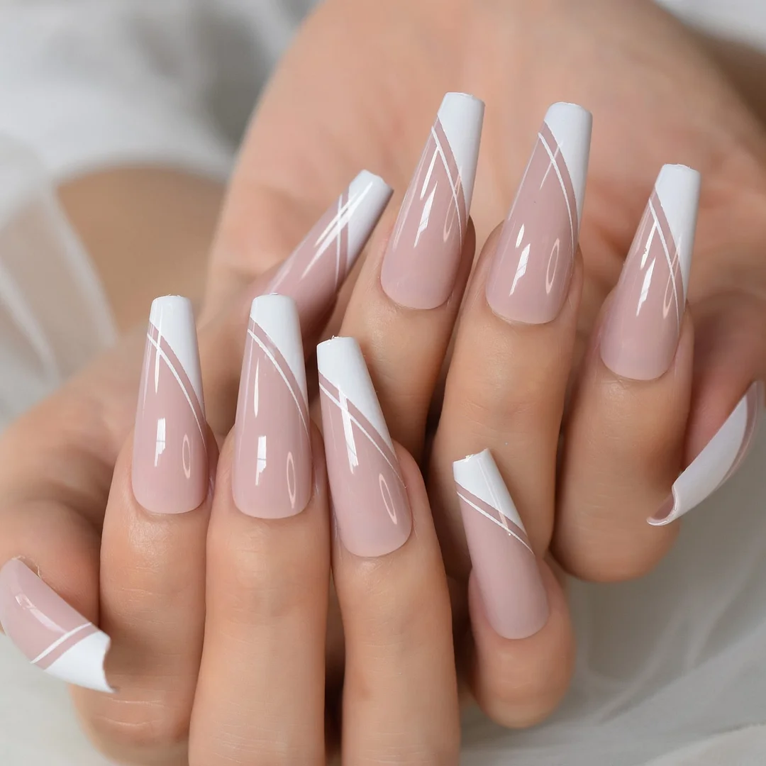 Extra Long Ballerina Faux Ongles White Hypotenuse Line Decorative French Nail Art Tips Nude Pink Base Manicure Tip 24