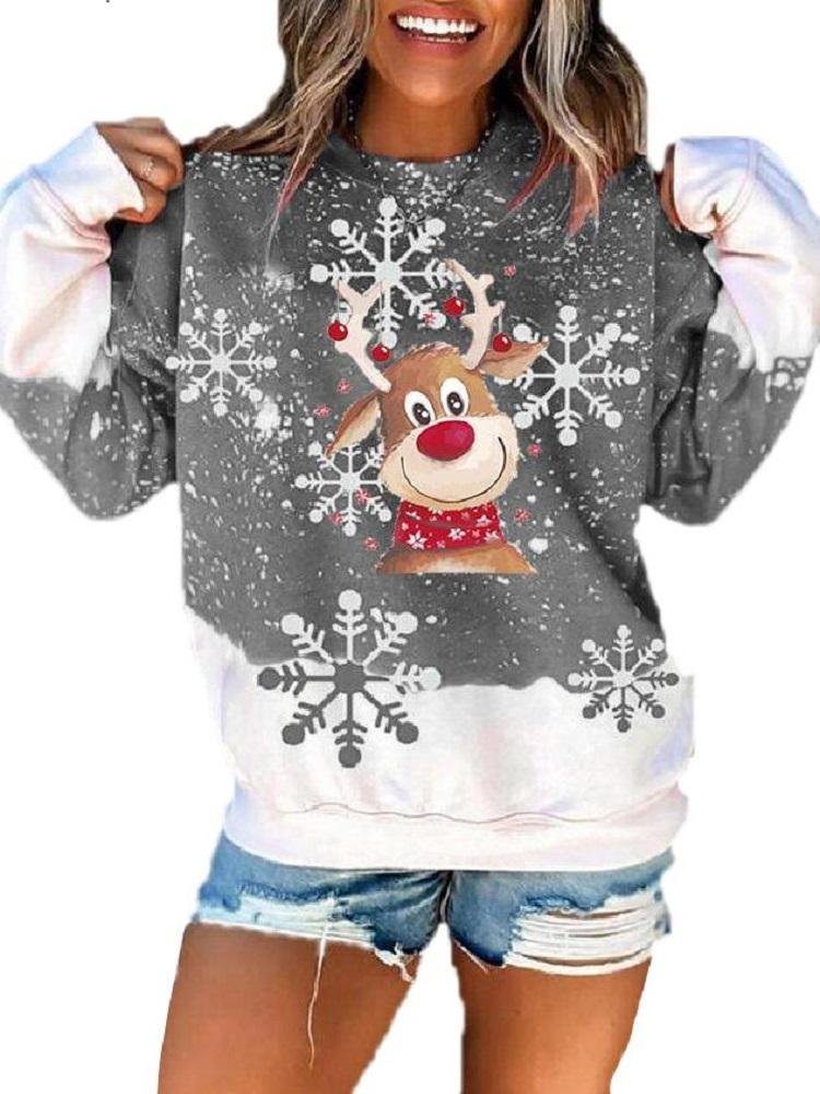 WoodyOrnament Christmas Snowflake Print Long Sleeve Pullover