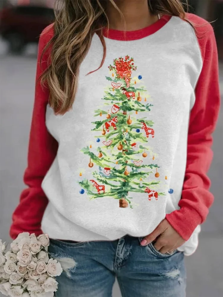 Christmas Tree Painting Colorblock Sweatshirt