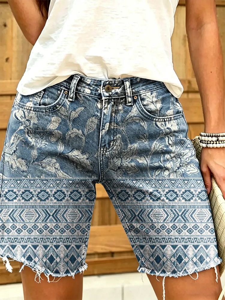 Women's Vintage Floral Print Denim Shorts