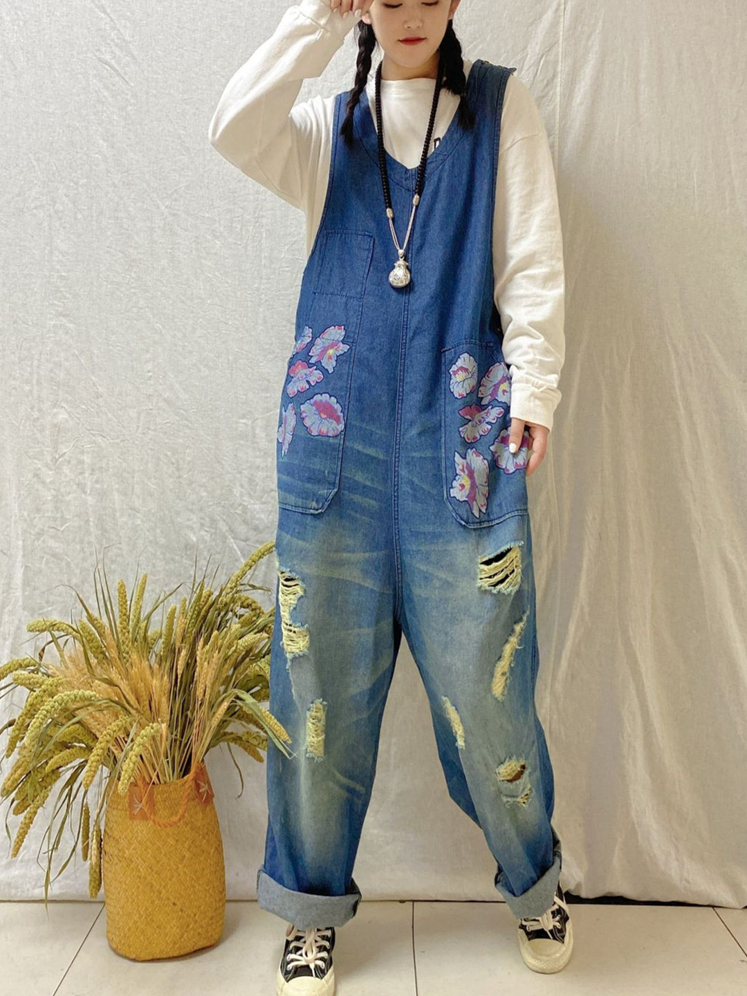 Women's Casual Retro Cropped Workwear Denim Overalls Jumpsuit