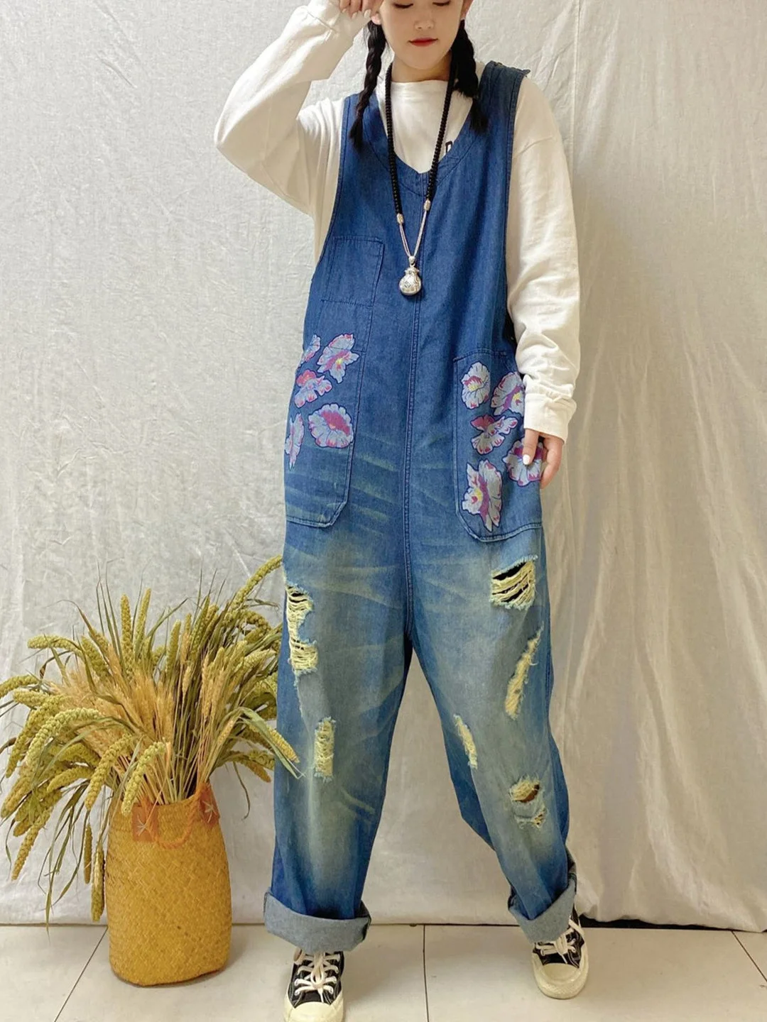 Women's Casual Retro Cropped Workwear Denim Overalls Jumpsuit