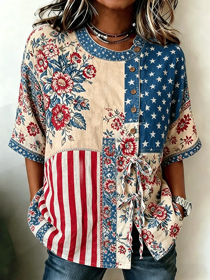 Women's 250th Anniversary Printed Cotton Linen Casual Shirt 