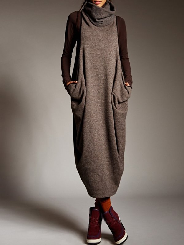 Original Loose Solid Color High-Neck Sleeveless Midi Dress