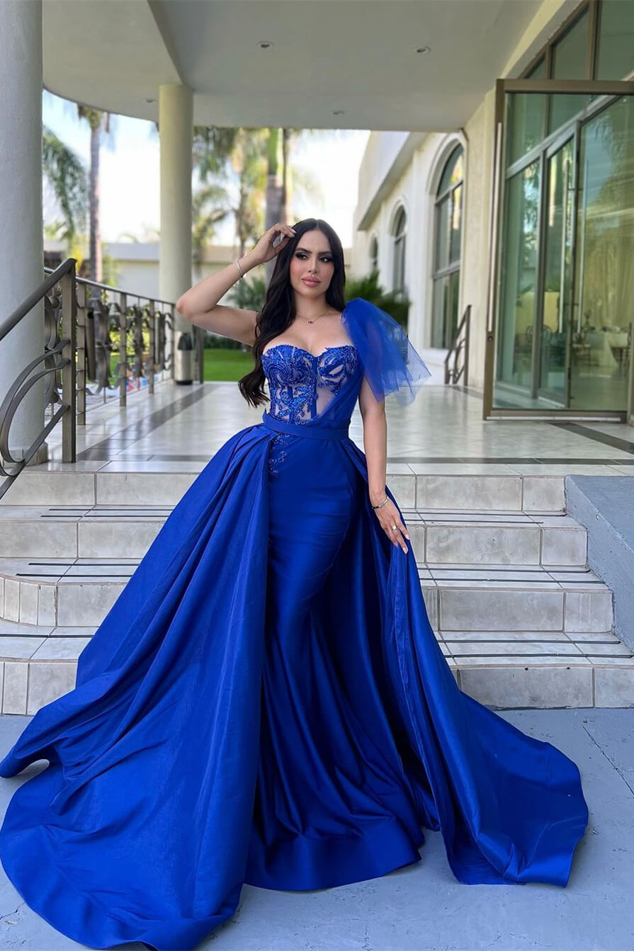 Chic Royal Blue One Shoulder Sweetheart Sleeveless Mermaid Evening Gown With Appliques Detachable Skirt - lulusllly