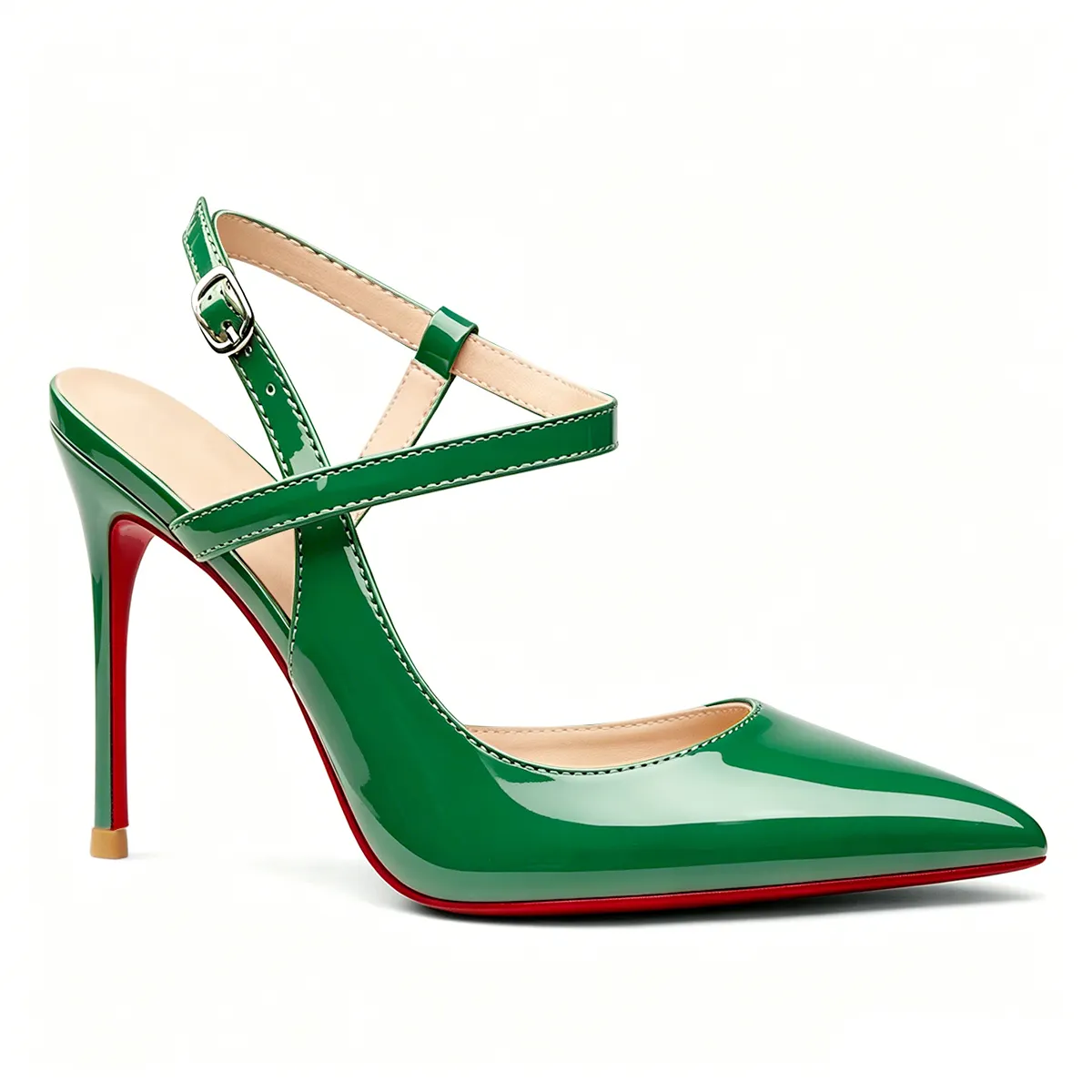 100mm Women Slingback Patent Pumps Ankle Strap Jenlove Stiletto Mid Heel Close Pointed Toe Dress Red Bottoms Shoes