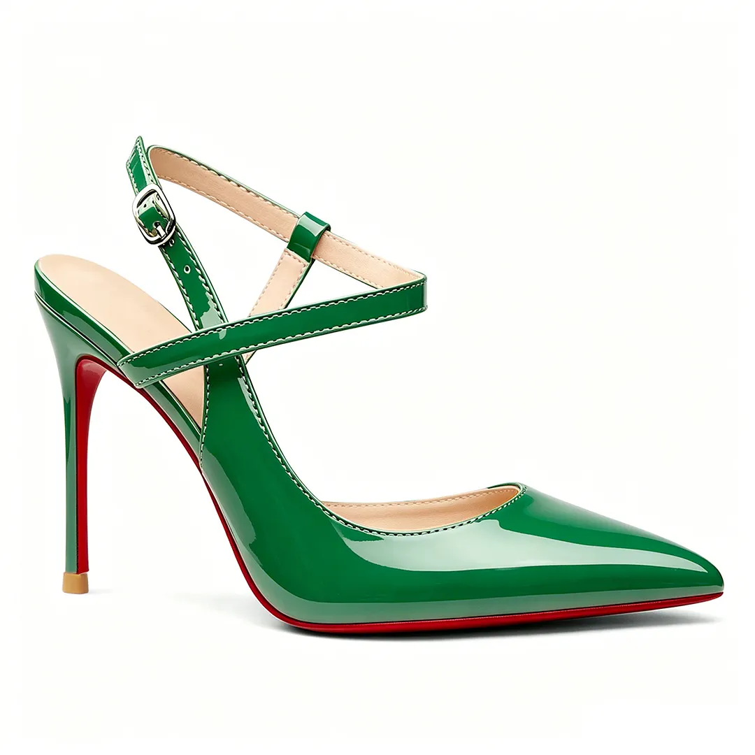 100mm Women Slingback Patent Pumps Ankle Strap Jenlove Stiletto Mid Heel Close Pointed Toe Dress Red Bottoms Shoes