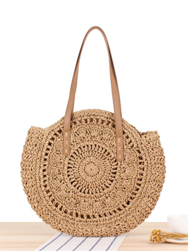 Mature Ladies Round Shoulder Straw Woven Bag Beach Handbag
