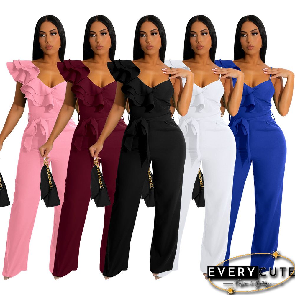 Fashion Ruffled Sleeveless Waist Deep V Loose Jumpsuit