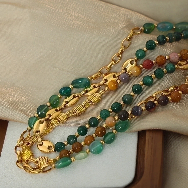 IG Style Punk Color Block Agate Titanium Steel 18K Gold Plated Beaded Patchwork Plating Necklace