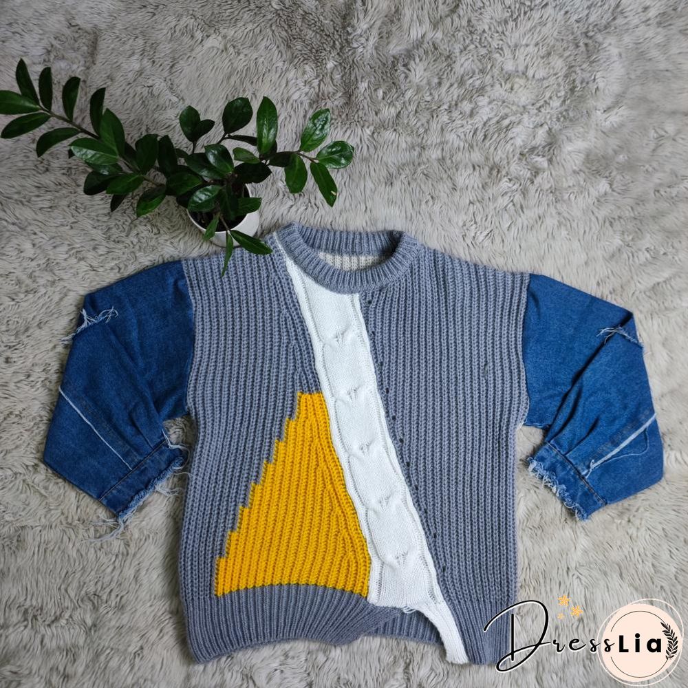 Contrast Color Denim Patchwork Long Sleeve Sweaters