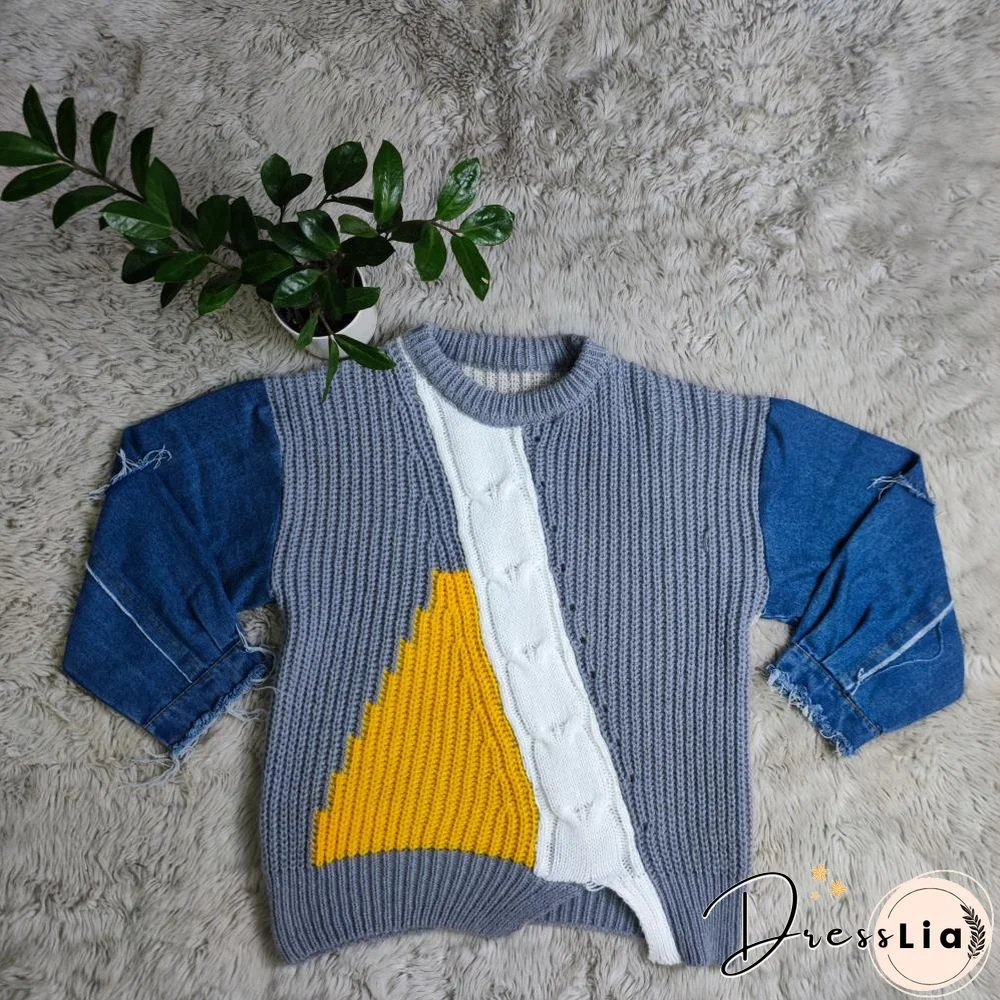 Contrast Color Denim Patchwork Long Sleeve Sweaters