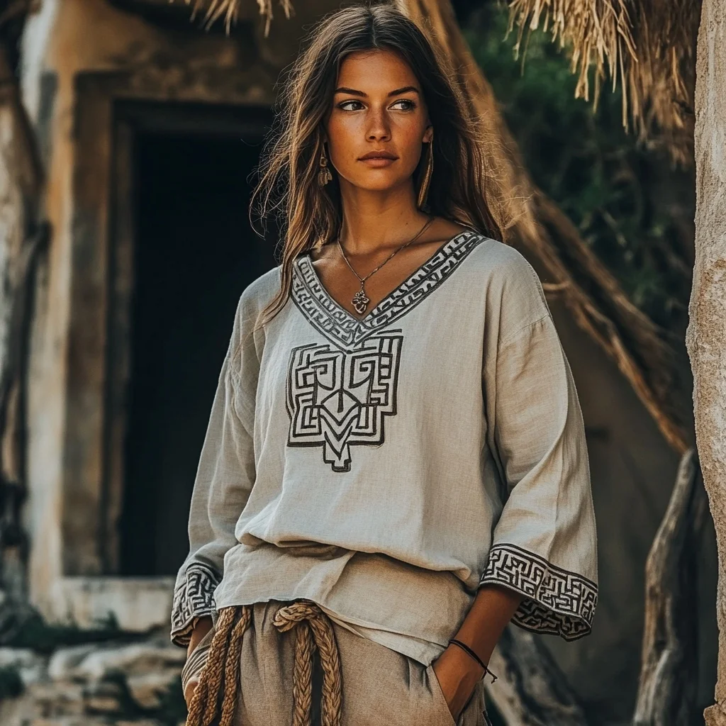 Vintage Greek Key Motif Cretan Embroidery Linen Blend V-neck T-shirt