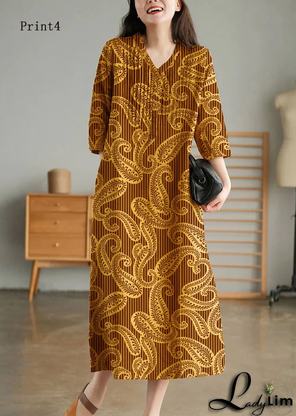 Grey Print6 Loose Linen Long Dresses Button Solid Half Sleeve