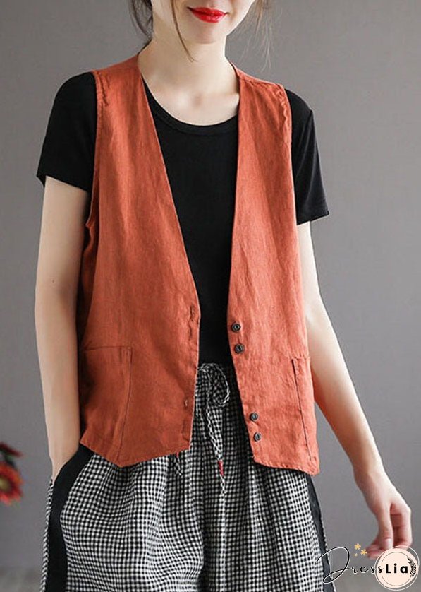 Plus Size Orange V Neck Pockets Linen Vest Tops Sleeveless
