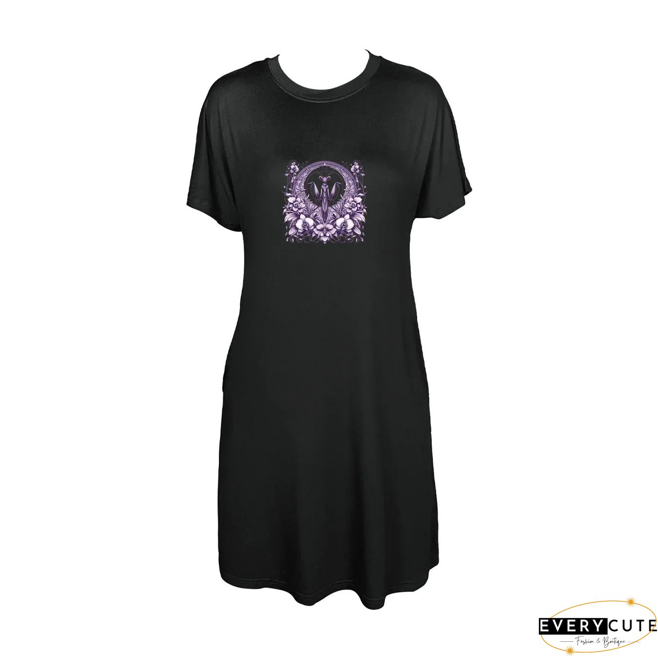 Detailed Praying Mantis And Floral Print Crewneck Tee Dress Casual Short Sleeve For Spring
