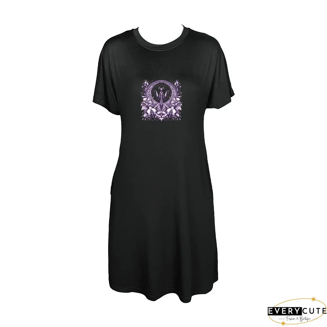 Detailed Praying Mantis And Floral Print Crew Neck Tee Dress Casual Short Sleeve Dress For Spring & Summer Women's Clothing