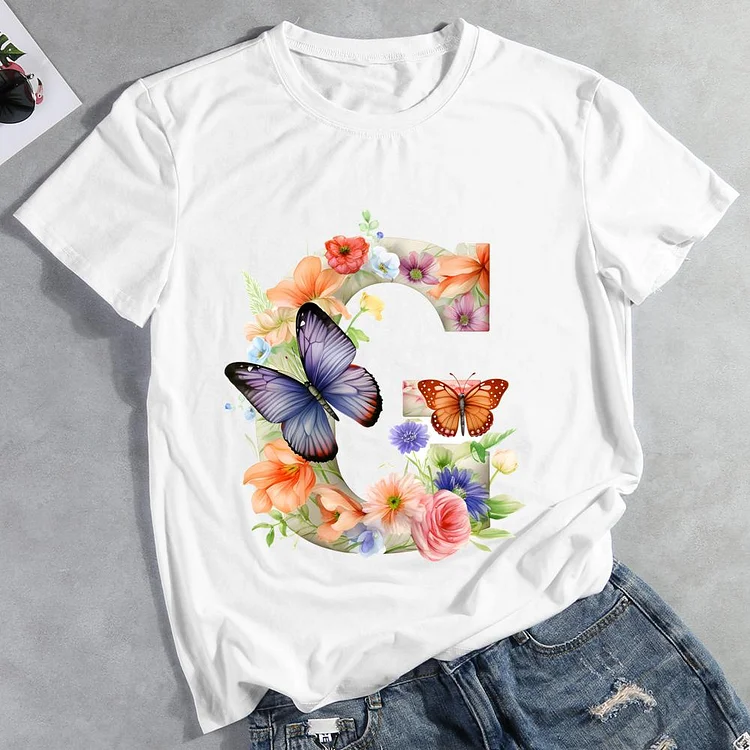 Butterfly Alphabet G Round Neck T-shirt-Annaletters
