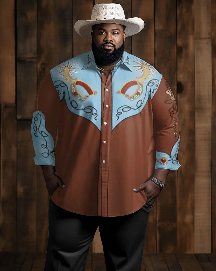 Men's Large Size Western Denim Retro Long Sleeve Graphic Lapel Long Sleeve Shirt