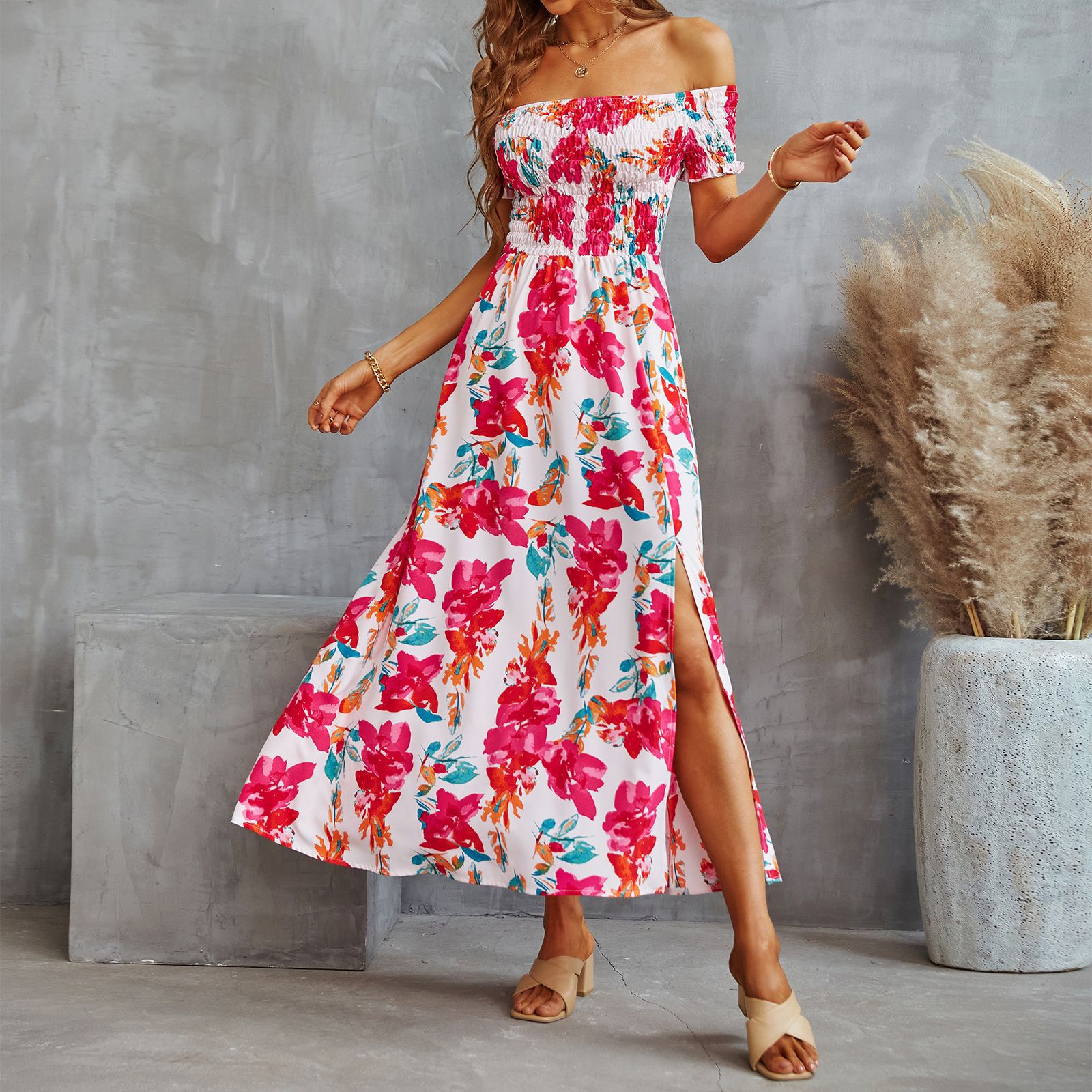 Mature Women Summer New Wrap Bust Printed Split Waist Dress