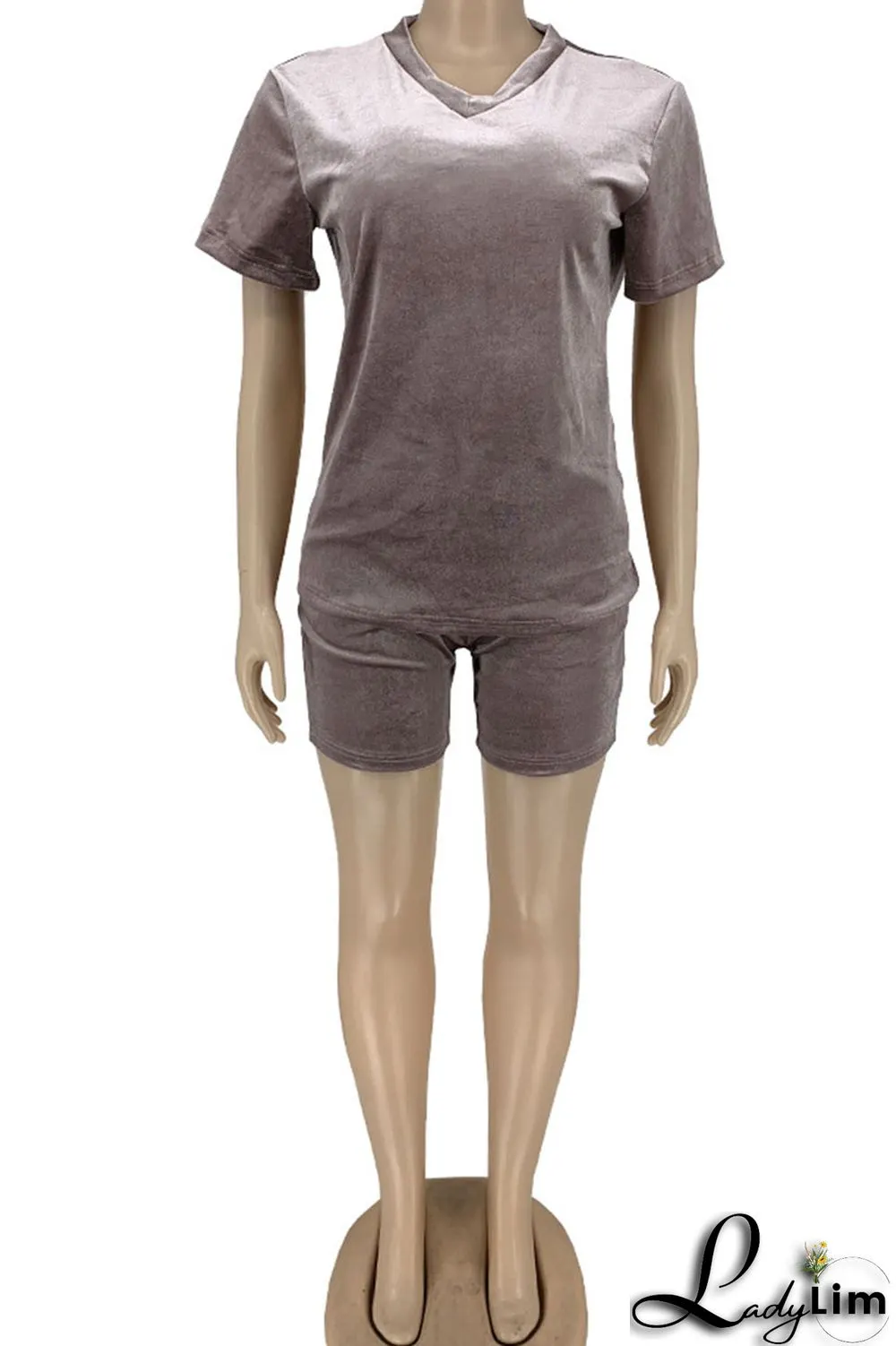 Champagne Casual Solid Split Joint V Neck Short Sleeve Two Pieces