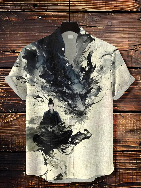 Men's Ink Painting Myth Art Dragon Warrior Printed Short Sleeve Shirt