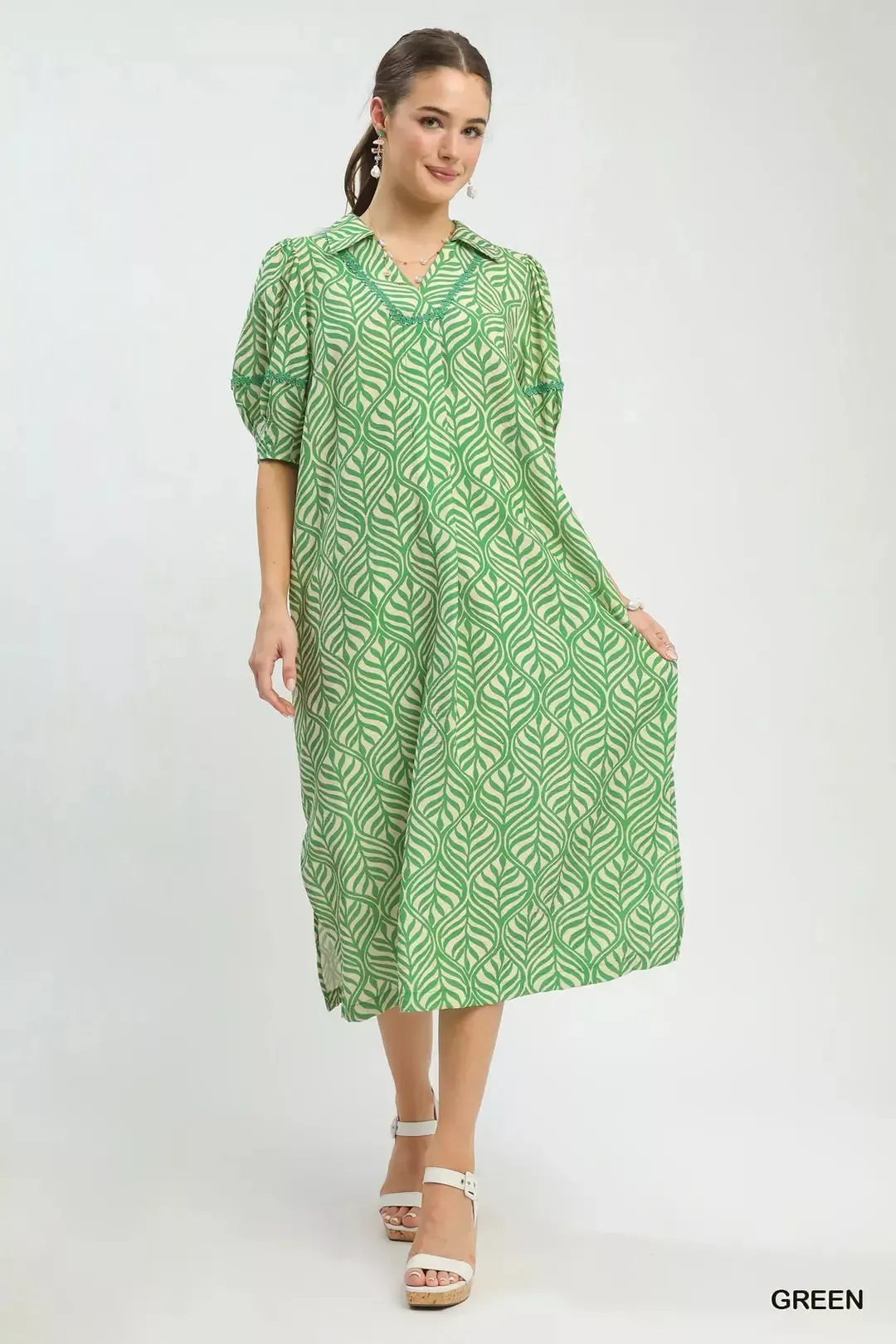 Umgee Printed Puff Sleeve Midi Dress with Pockets mysite idetrend