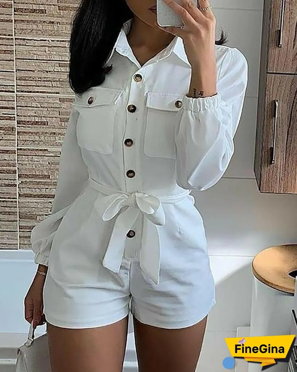 Buttoned Pocket Design Long Sleeve Romper