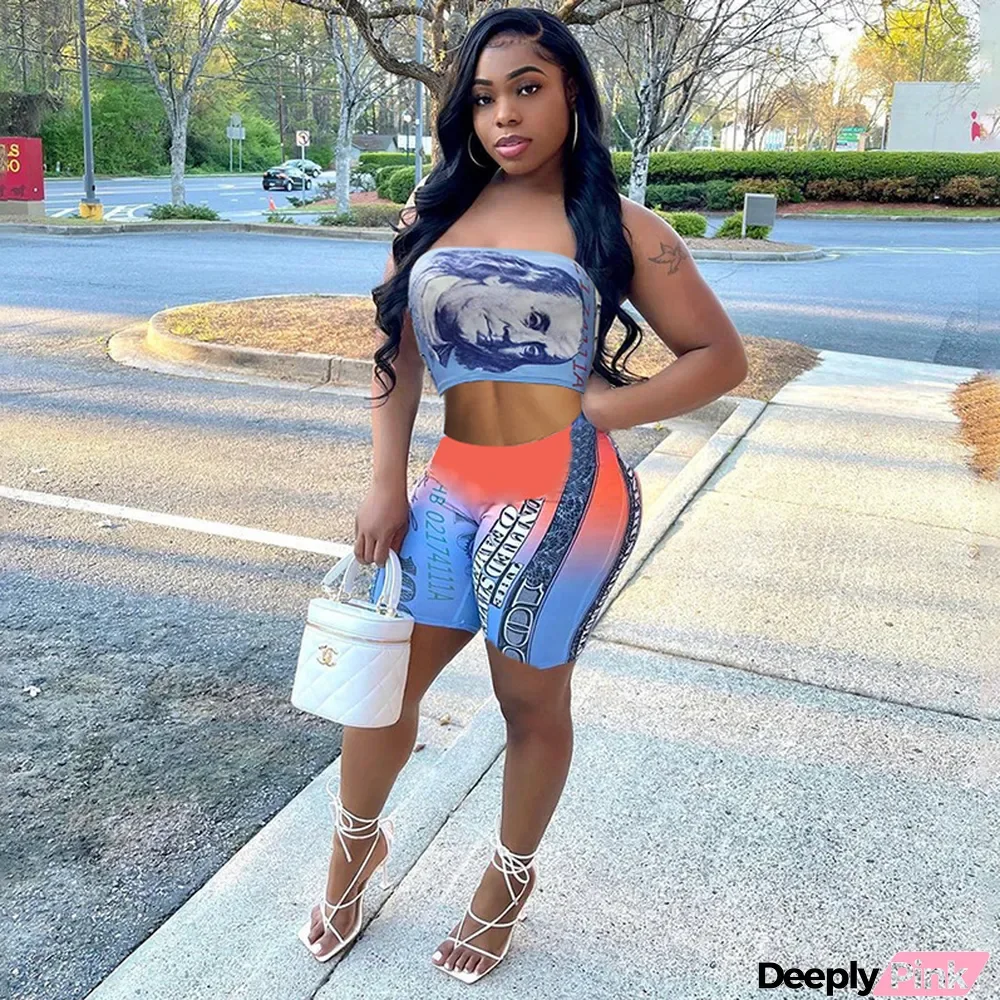 Dollar Print Tube Top And Shorts 2 Piece Sets