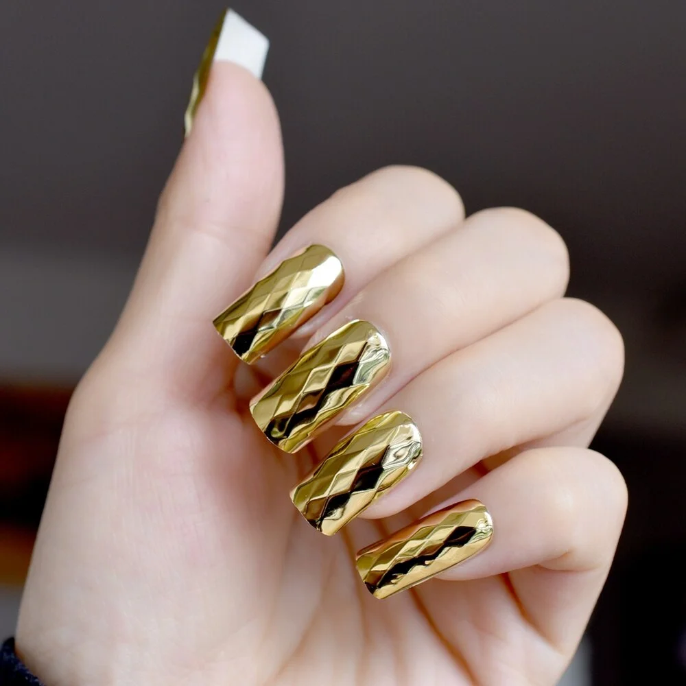 Studio 24 Artificial Nails Black Square Medium Fake Nail Art Tips gel Rose Gold Glitter Decoration Shimmer Acrylic Nail-Nail Inspo