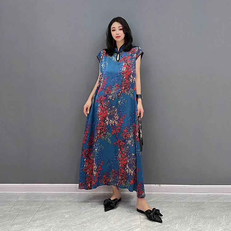 Vintage Loose Stand Collar Hollow Out Printed Short Sleeve Cheongsam Dress