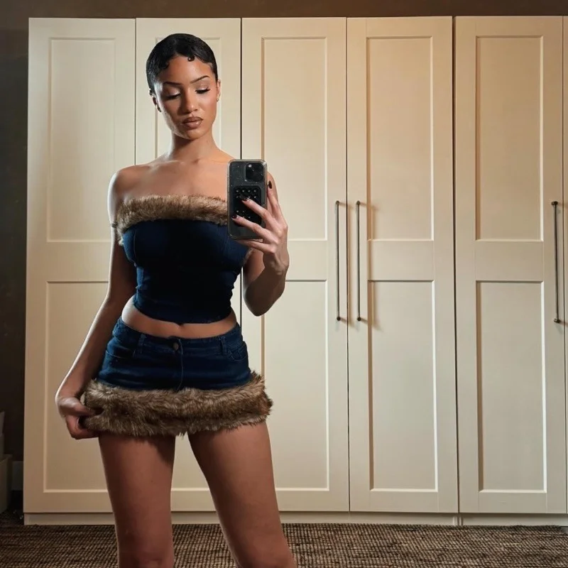 Uveng Uveng Winter New Fashion Sexy Hot Girl Retro Fur Denim Strapless Top Wrapped Buttock Skirt Suit Girl
