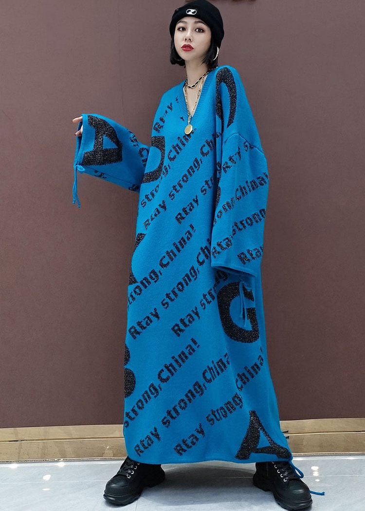 Blue Print loose Knit Sweater long Dress