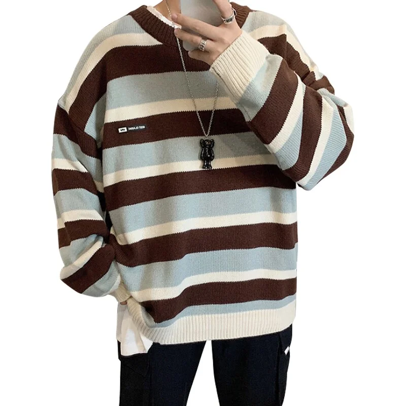 Aonga Striped Sweater Men Autumn Winter Korean Style Loose Pullover Streetwear Casual Long Sleeve Couples Knitwear Tops