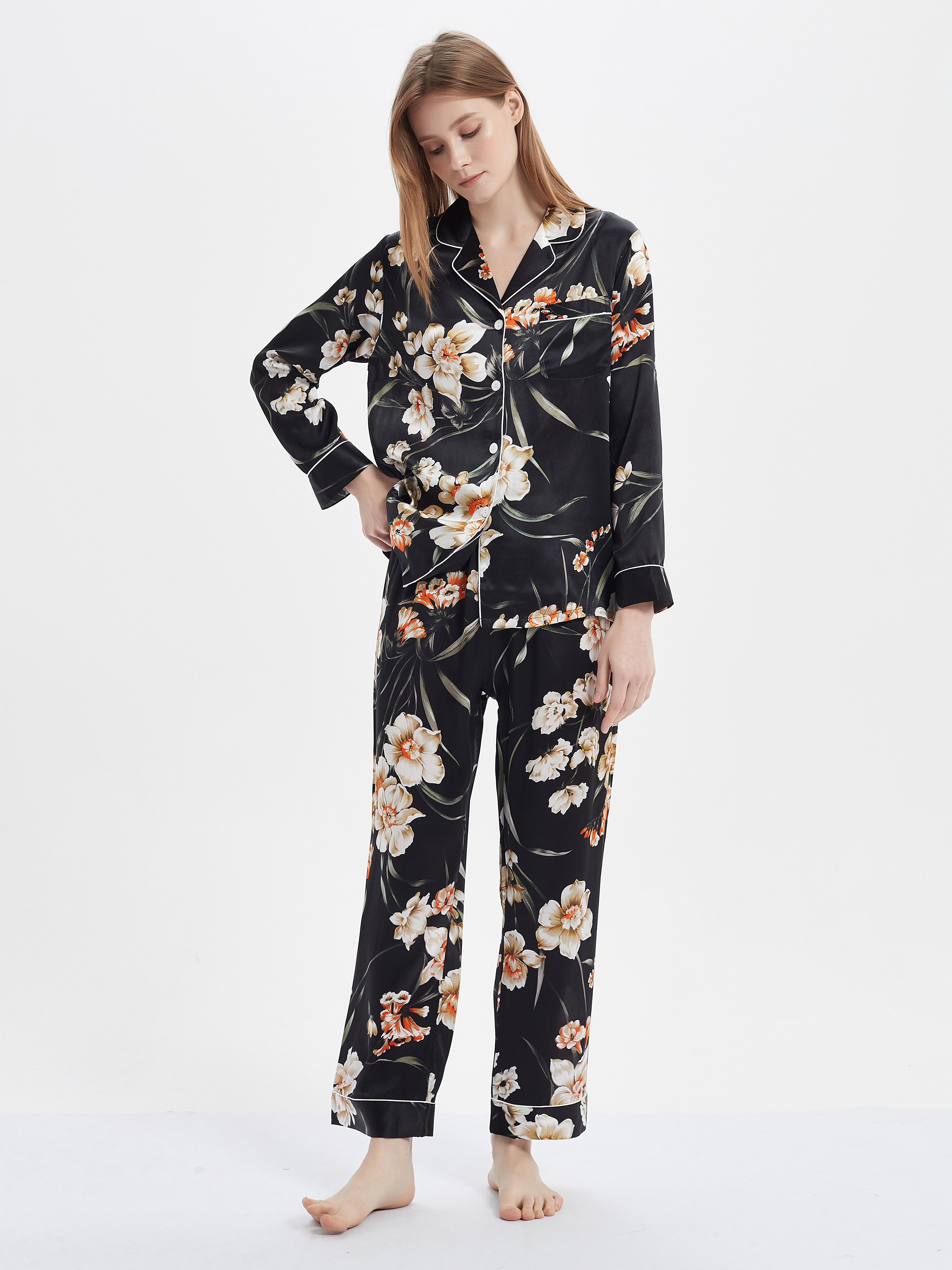 Printed Real Silk Pajama Set Women's Style Black