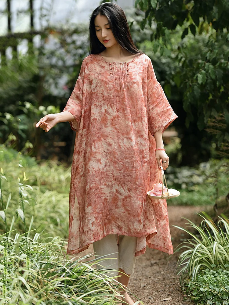 Women Vintage Ink Print Split Hem Loose Ramie Dress