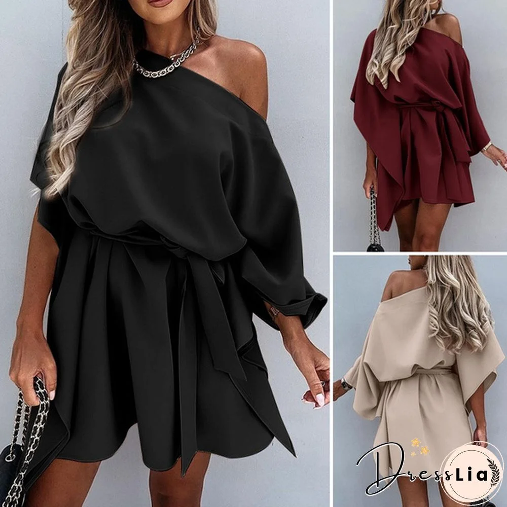 Women Fashion Batwing Sleeve Party Holiday Mini Dress One Off Shoulder Sexy Ruffled Short Dress Vestidos Plus Size