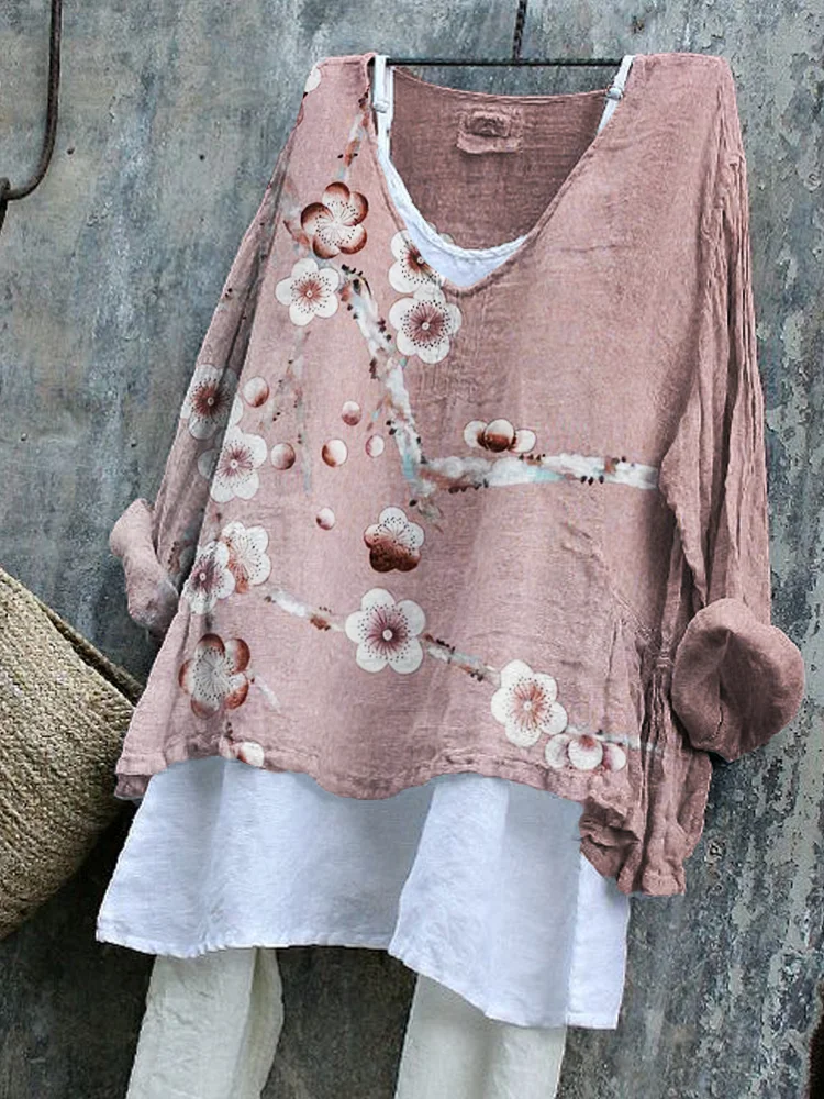 Comstylish Classy Cherry Blossom Japanese Art Flowy Linen Blend Tunic