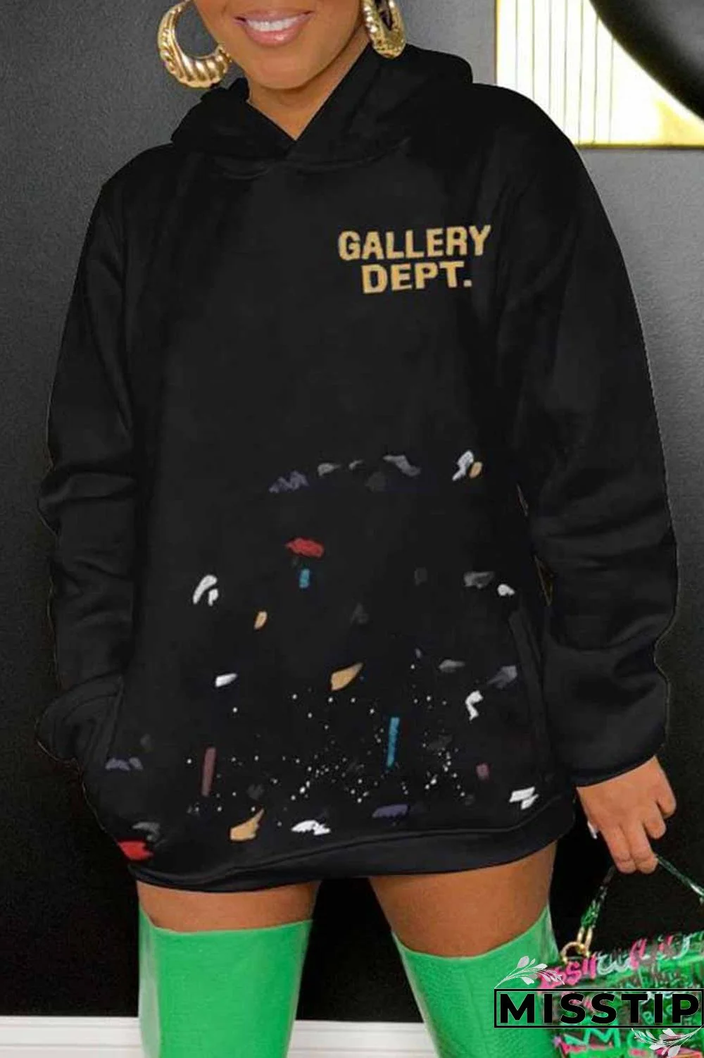 Black Street Print Letter Hooded Collar Tops